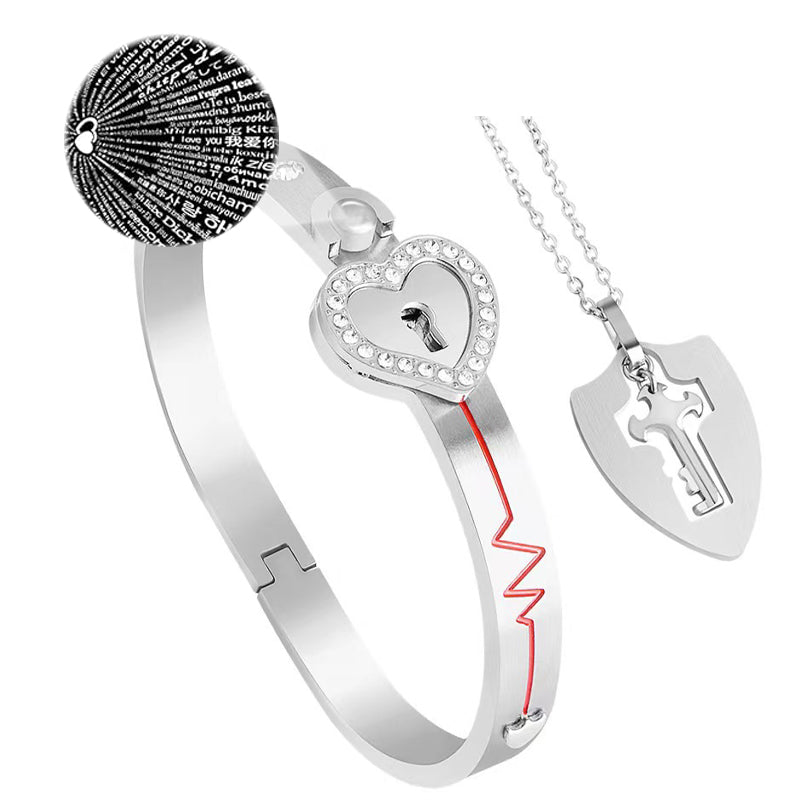 Titanium Heart Lock Bracelet & Key Necklace Couple Set