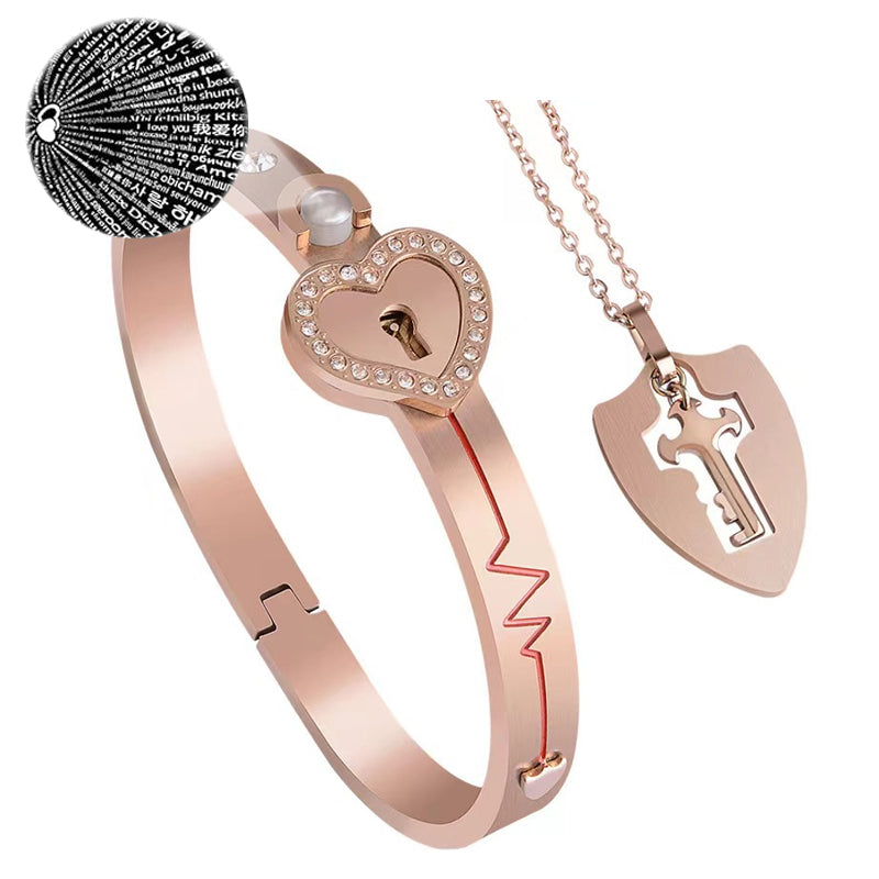 Titanium Heart Lock Bracelet & Key Necklace Couple Set