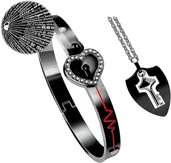Titanium Heart Lock Bracelet & Key Necklace Couple Set