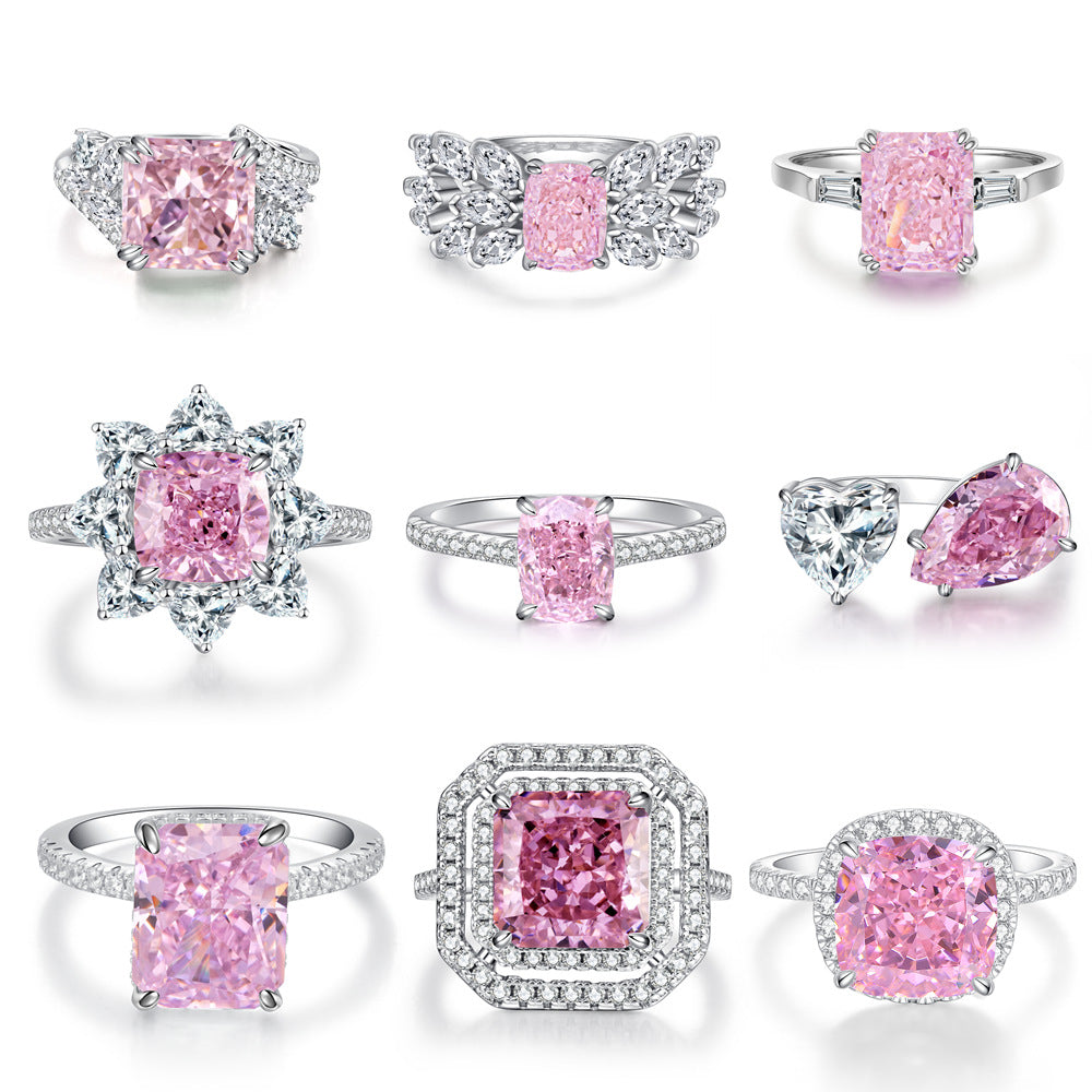 Pink High Carbon Diamond Rings in 925 Sterling Silver