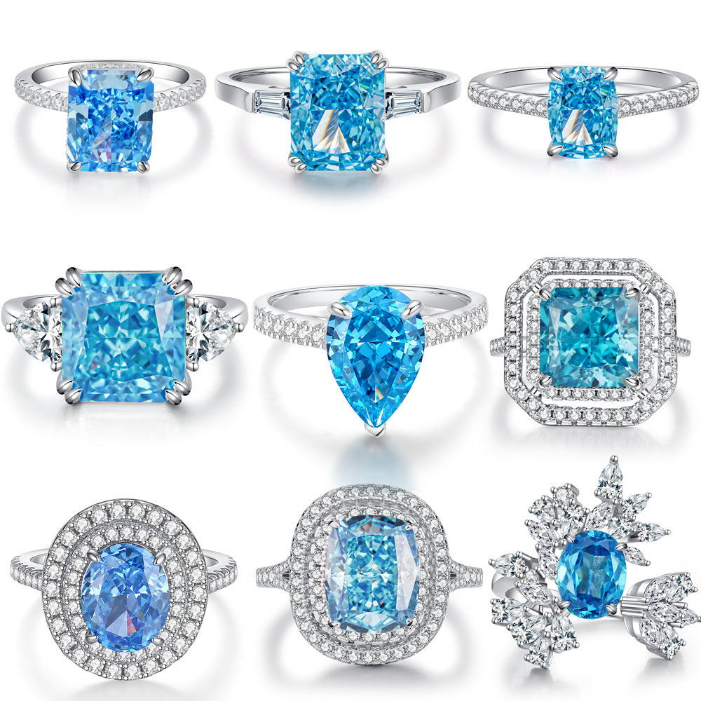 Blue High Carbon Diamond Rings in 925 Sterling Silver