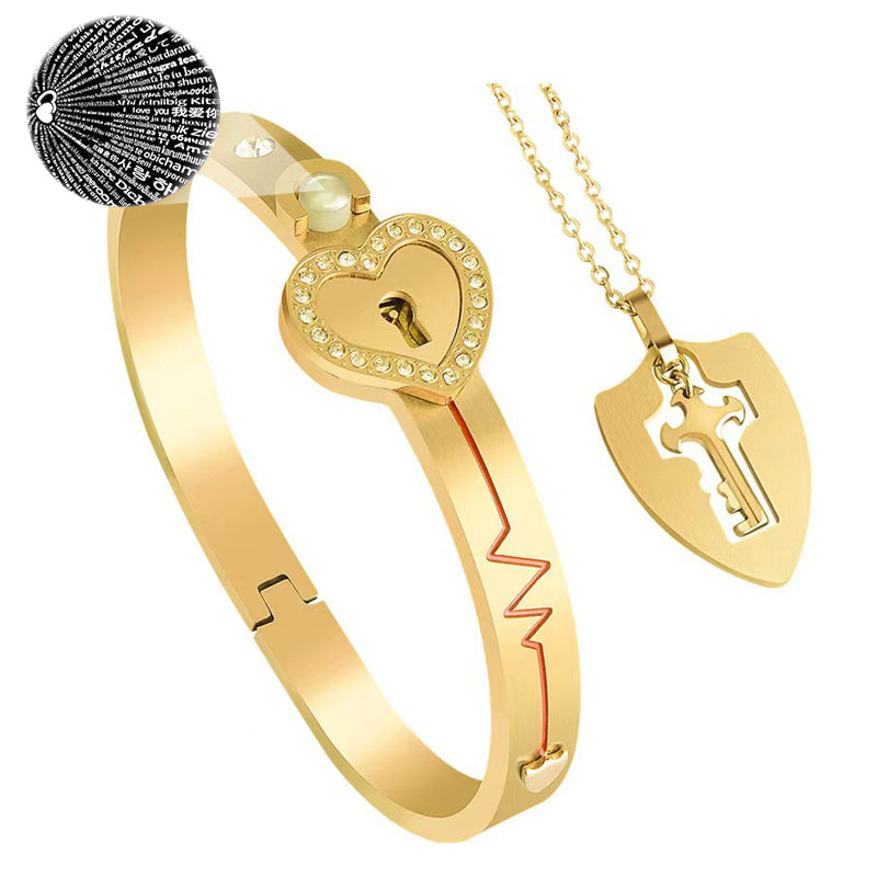 Titanium Heart Lock Bracelet & Key Necklace Couple Set