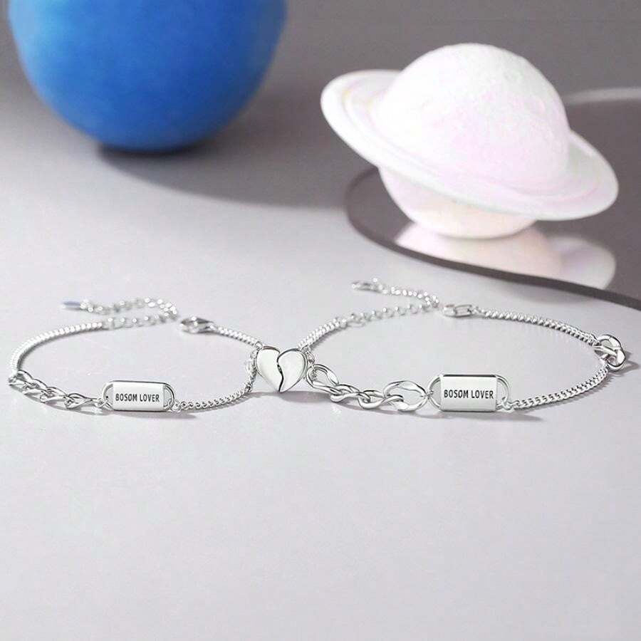 【SilverB1 Magnetic Heart】 925 Sterling Silver Bracelet Couple Set
