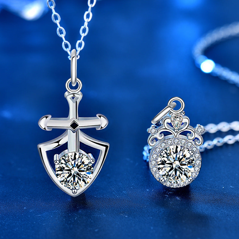 【N24 Princess and Knight】 925 Sterling Silver Moissanite Necklace Couple Set - MOTEMCO
