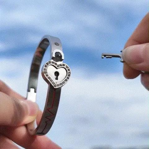 Titanium Heart Lock Bracelet & Key Necklace Couple Set