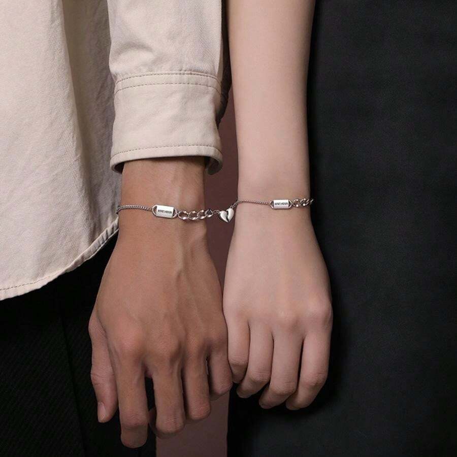 【SilverB1 Magnetic Heart】 925 Sterling Silver Bracelet Couple Set