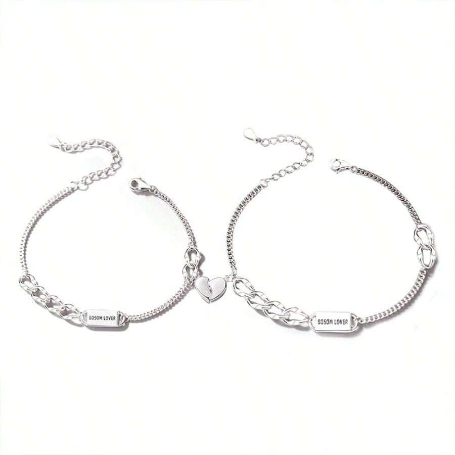 【SilverB1 Magnetic Heart】 925 Sterling Silver Bracelet Couple Set