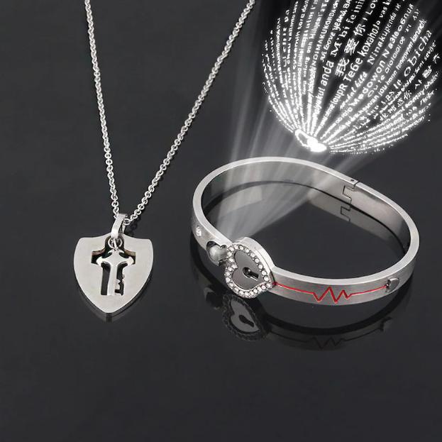 Titanium Heart Lock Bracelet & Key Necklace Couple Set
